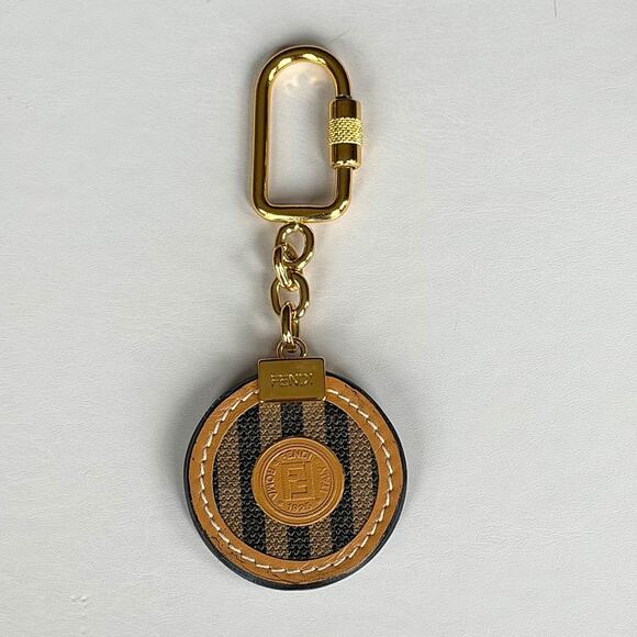 FENDI Mens Timeless Iconic Striped Leather Gold Tone Key Chain MINT - Picture 1 of 5